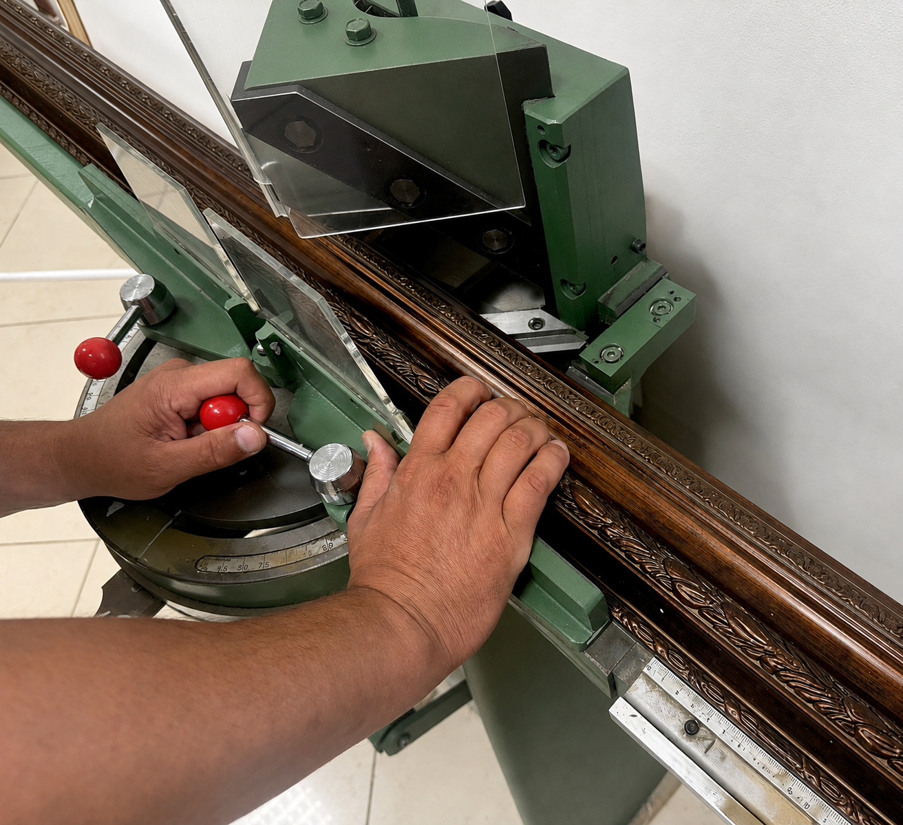 Precision cutting of decorative frame moulding in the studio workshop